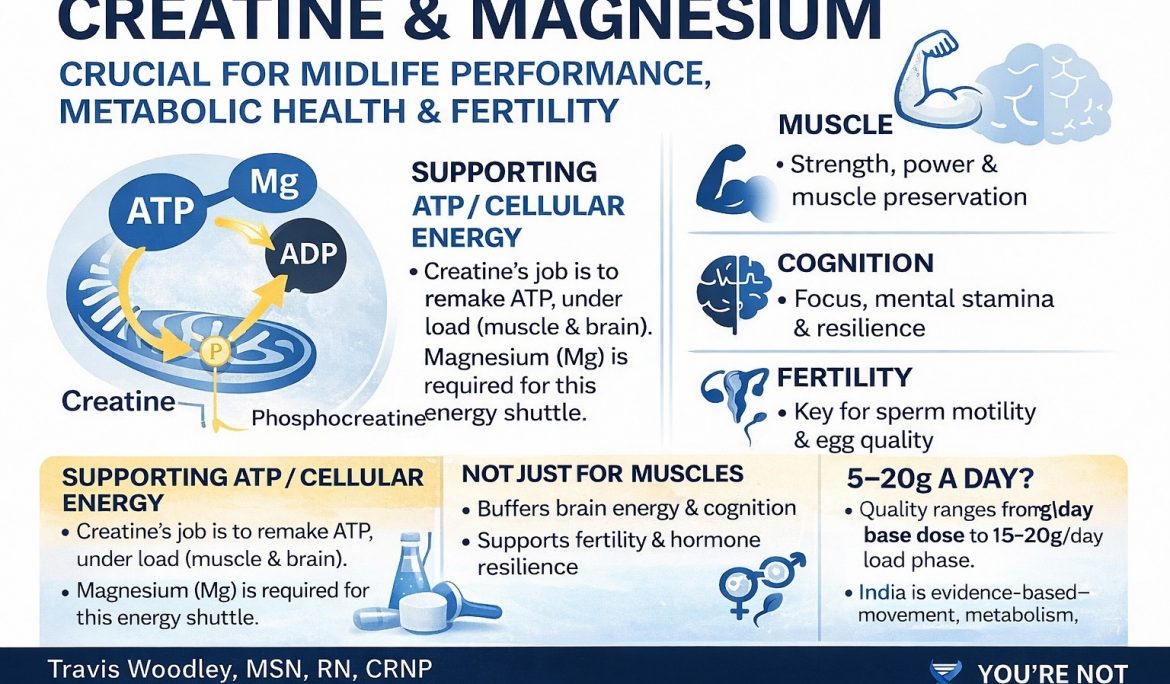 Creatine supports ATP energy, strength, muscle recovery, cognition, brain function and fertility. Learn dosing, magnesium synergy, and midlife benefits.