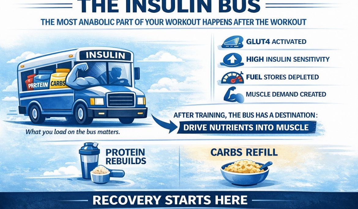 Post-workout nutrition for muscle growth with protein, oats, and insulin bus concept